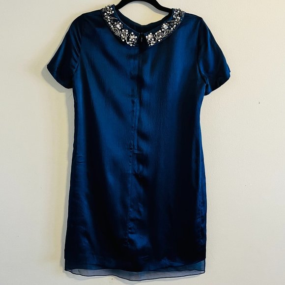 Club Monaco Silk Navy Blue Short Sleeve Mini Dress with Statement Collar - Picture 3 of 12